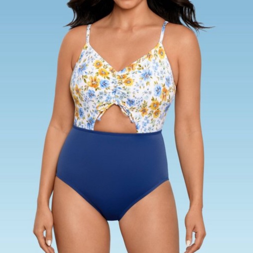 Beach Betty by Miracle Brands Slimming Control Cinched Cut Out Swimsuit XL Blue